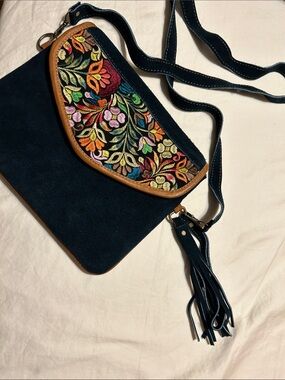 Navy Suede Crossbody Bag with Multicolor Embroidered Flap